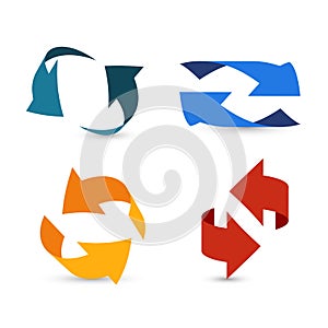 Colorful arrows 3d. Arrow info symbols, two swirl pointers or cursors in round form, circular path up and down, red