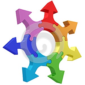 Colorful arrows joined into jigsaw puzzle wheel on white