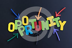 Colorful arrows pointing to the word OPPORTUNITY at the center o