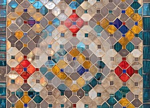 Colorful art grid square mosaic tiles wall pattern surface texture. Close-up of architecture interior material for design