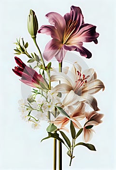 Colorful art picture of beautiful romantic vivid colors realistic flowers composition on white background