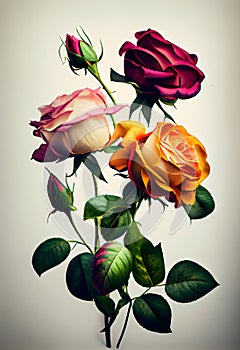 Colorful art picture of beautiful romantic vivid colors realistic flowers composition on white background