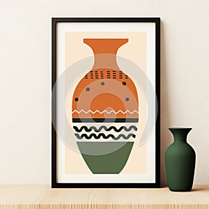 Colorful Art Print Of A Brown Painted Vase With Green Patterns