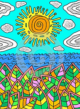 Colorful art - summer landscape with sun and leaves and sea. Color doodle artwork. Vector illustration