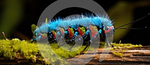 Colorful arthropod crawling on moss, captured in macro photography