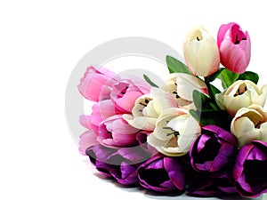 Colorful of artificial tulip flowers bouquet on white background