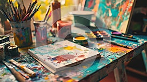 Colorful Artist's Palette and Paintbrushes on Table. How do start art for beginners. Drawing Courses for Beginners