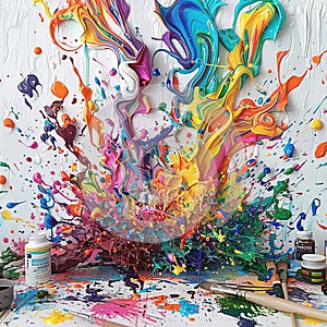 Colorful artistic banner flows and drops of multi-colored oil paint on a white background