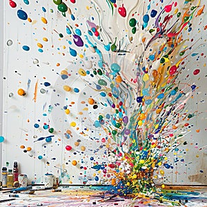 Colorful artistic banner flows and drops of multi-colored oil paint on a white background