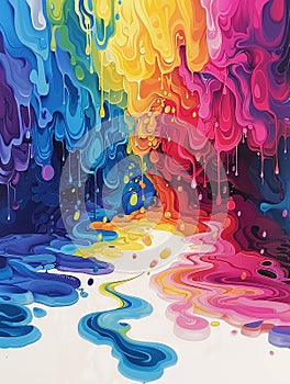 Colorful artistic banner flows and drops of multi-colored oil paint on a white background