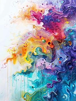 Colorful artistic banner flows and drops of multi-colored oil paint on a white background