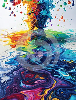 Colorful artistic banner flows and drops of multi-colored oil paint on a white background