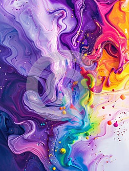 Colorful artistic banner flows and drops of multi-colored oil paint on a white background