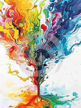 Colorful artistic banner flows and drops of multi-colored oil paint on a white background