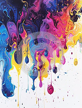 Colorful artistic banner flows and drops of multi-colored oil paint on a white background