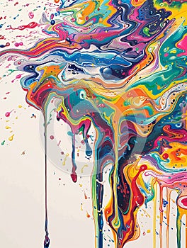 Colorful artistic banner flows and drops of multi-colored oil paint on a white background