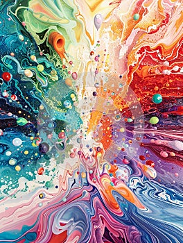 Colorful artistic banner flows and drops of multi-colored oil paint on a white background