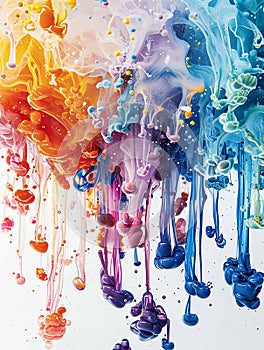 Colorful artistic banner flows and drops of multi-colored oil paint on a white background