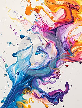 Colorful artistic banner flows and drops of multi-colored oil paint on a white background