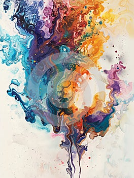 Colorful artistic banner flows and drops of multi-colored oil paint on a white background