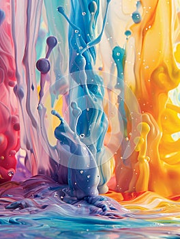 Colorful artistic banner flows and drops of multi-colored oil paint on a white background