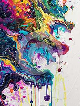 Colorful artistic banner flows and drops of multi-colored oil paint on a white background