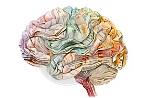 Colorful artistic illustration of a human brain made with crumpled map pieces symbolizing global intelligence and