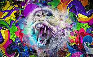 Colorful artistic monkey muzzle in eyeglasses with colorful paint splatters on white background.