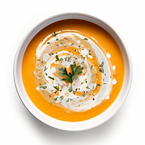 Colorful And Artistic Squash Soup In A White Bowl
