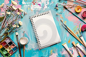 Colorful Artistic Workspace with Blank Sketchbook