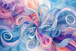 A colorful artwork with intertwining ribbon-like shapes in shades of blue and pink