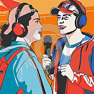 Colorful artwork showing sideline interview, capturing dynamic interaction between journalist and fan