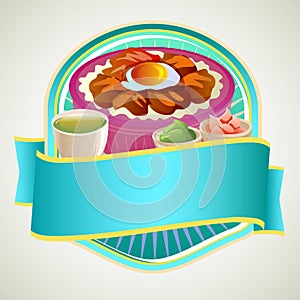 Colorful asian food rice bowl badge with pepper meat