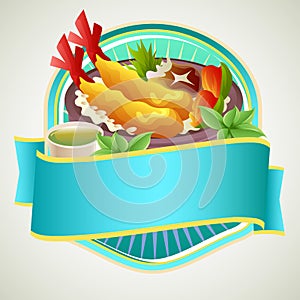Colorful asian food rice bowl badge with tempura