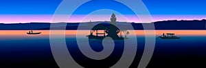 Colorful Asian sunset Balinese landmarks panoramic view, vector illustration of Bali water temple