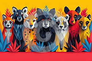 Colorful Assembly of Geometric Wild Cats on a Sunny Yellow Background