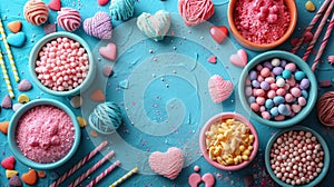 Colorful, assorted candies, yarn, heart-shaped sweets, sprinkles, striped straws, and confections on a vibrant blue backdrop,