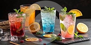 Colorful assorted cocktails with mint lemon and orange on dark surface