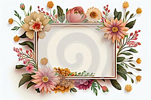 Colorful assorted flower border frame on light white background mock up copy space made with generative AI