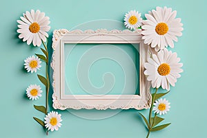 Colorful assorted flower border frame on light white background mock up copy space made with generative AI