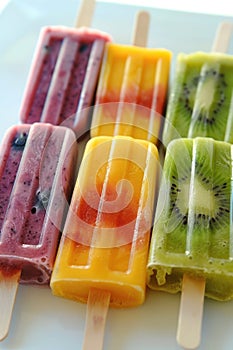 Colorful Assorted Fruit Popsicles on Bright Background