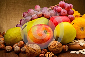 Colorful assorted of fruits on fabric background