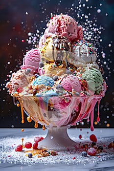 Colorful Assorted Ice Cream Scoops Topped with Sprinkles and Syrup in a Parlor Setting