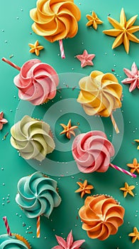 Colorful Assorted Meringues and Sprinkles on Pastel Green Background