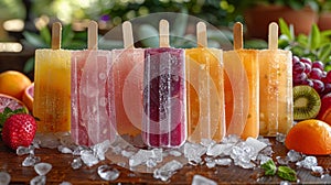 Colorful assorted popsicles with ice and fruit - generative ai photo