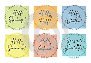 Colorful assorted square shape labels and stickers with different round pattern borders and Hello seasons greetings on white