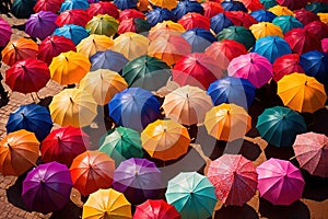 Colorful assorted umbrellas, showing diversity and choice in rainbow pattern