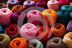 Colorful assorted variety of balls of thick knitting yarn, background texture