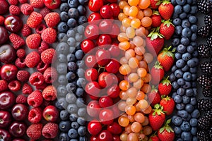 Colorful assortment of berries and cherries arranged artistically to draw attention to variety and freshness of fruits.