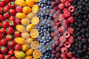 Colorful assortment of berries and cherries arranged artistically to draw attention to variety and freshness of fruits.
